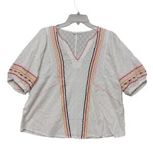 Acos&A Blouse Size Large White with Colorful Embroidery Details Short Sleeve